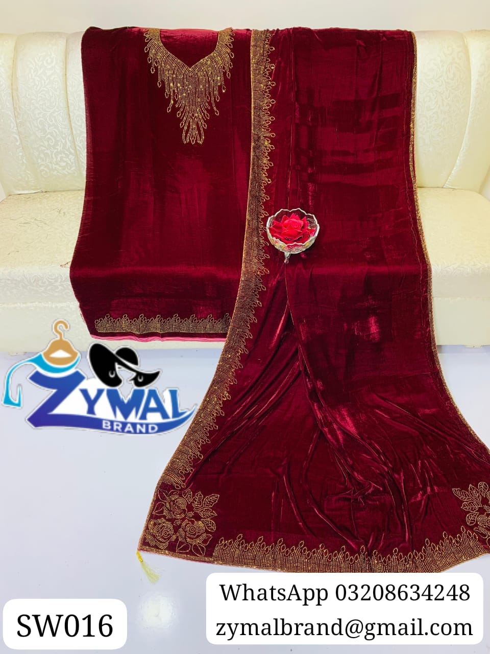 ZB SW016 – Luxury Velvet 2-Piece Suit with Stone Work & Embroidered Dupatta