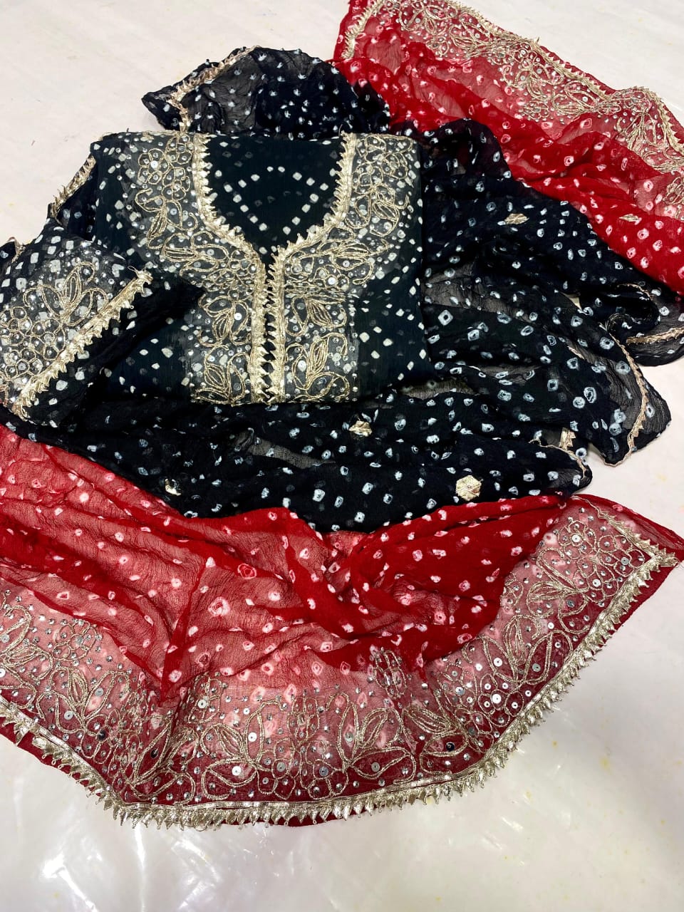 Zymal Brand SW.002 – Traditional Handmade Chunri Kundan Gota Work Suit | 2-Piece Krinkle Chiffon Dress Black with Red Dupatta and Golden Embroidery