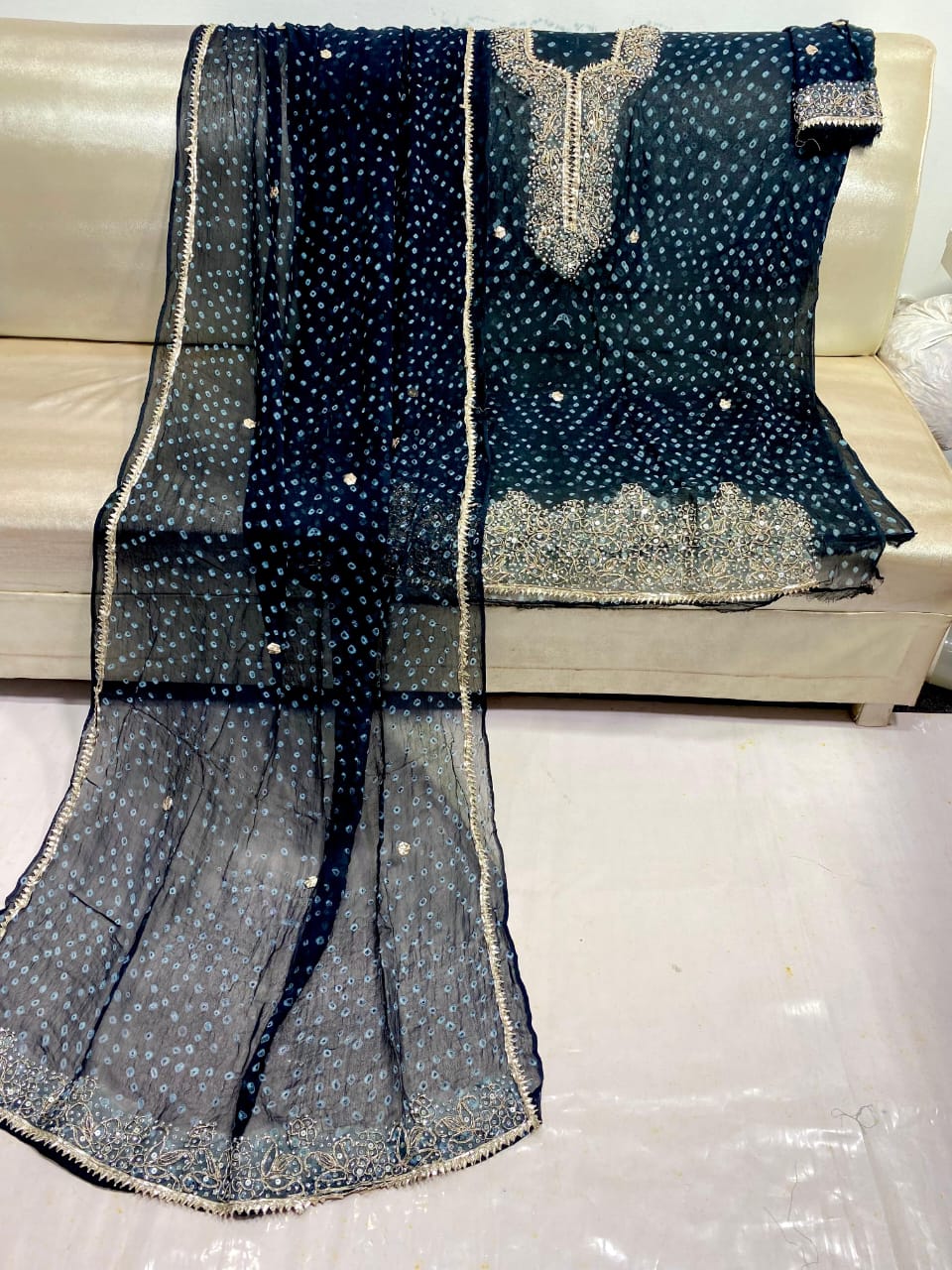 Zymal Brand SW.002 – Traditional Handmade Chunri Kundan Gota Work Suit | 2-Piece Krinkle Chiffon Dress Navy Blue with Silver Embroidery