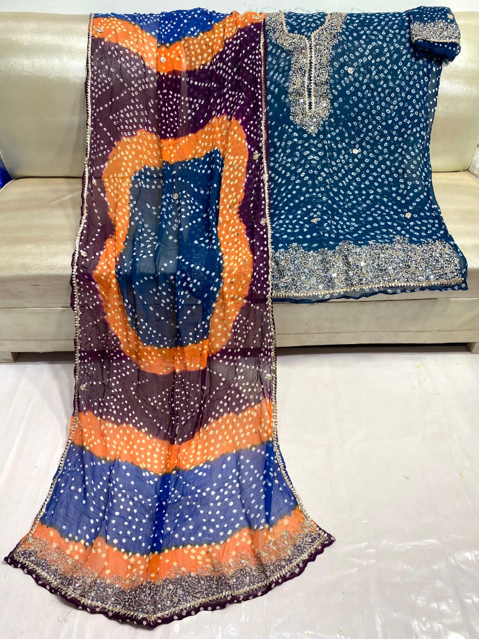 Zymal Brand SW.002 – Traditional Handmade Chunri Kundan Gota Work Suit | 2-Piece Krinkle Chiffon Dress Blue & Orange