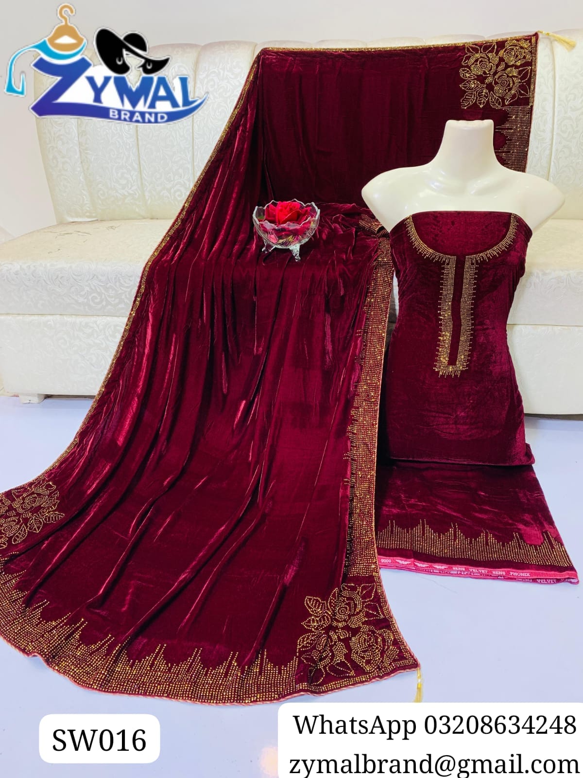ZB SW016 – Luxury Velvet 2-Piece Suit with Stone Work & Embroidered Dupatta