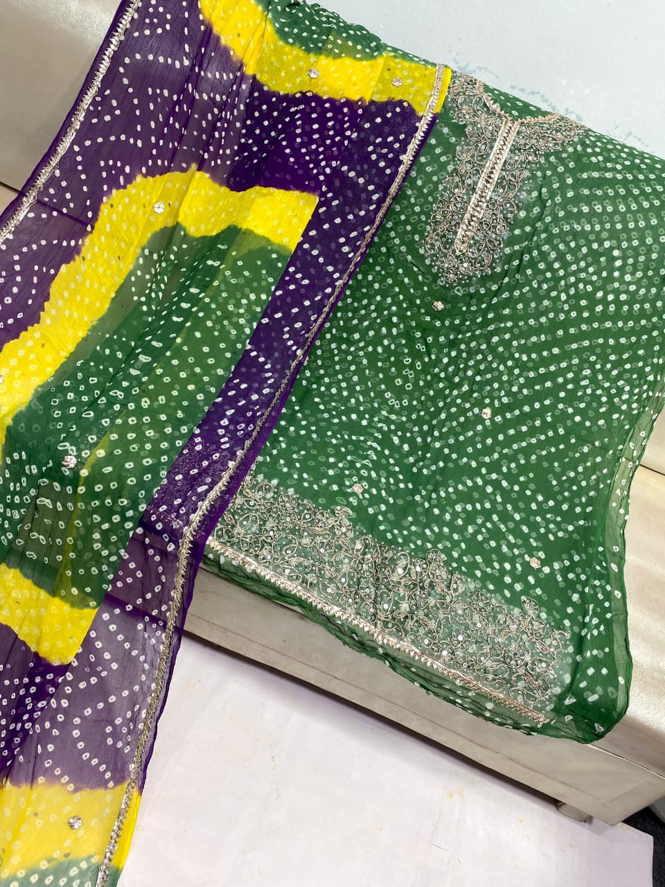 Zymal Brand SW.002 – Traditional Handmade Chunri Kundan Gota Work Suit | 2-Piece Krinkle Chiffon Dress (Multicolor Bandhani Pattern)