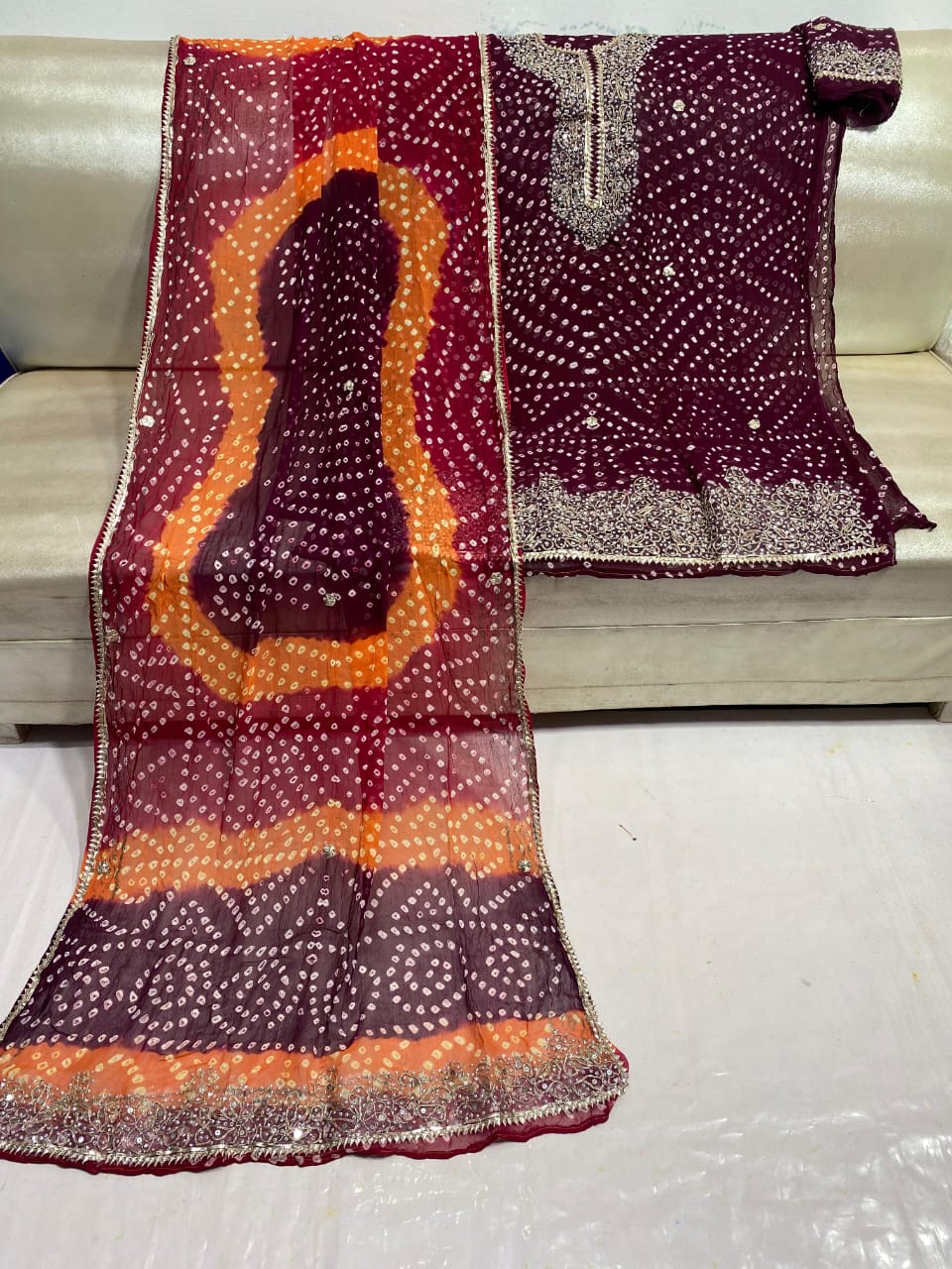 Brand SW.002 – Traditional Handmade Chunri Kundan Gota Work Suit | 2-Piece Krinkle Chiffon Dress Maroon