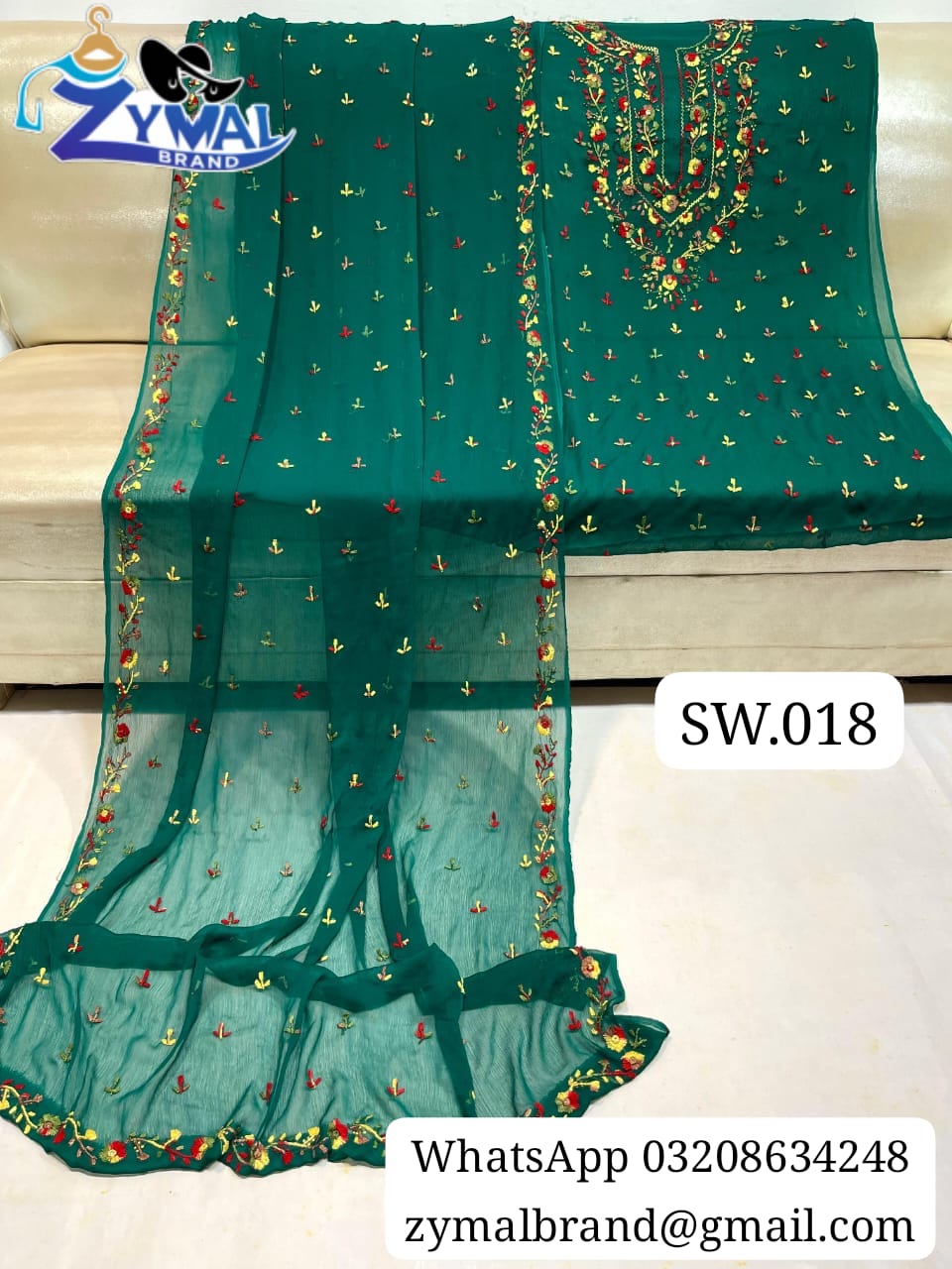 ZB SW018 – Handmade Multi-Thread Pakka Boor &amp; Mirror Work 2-Piece Bamber Chiffon Suit