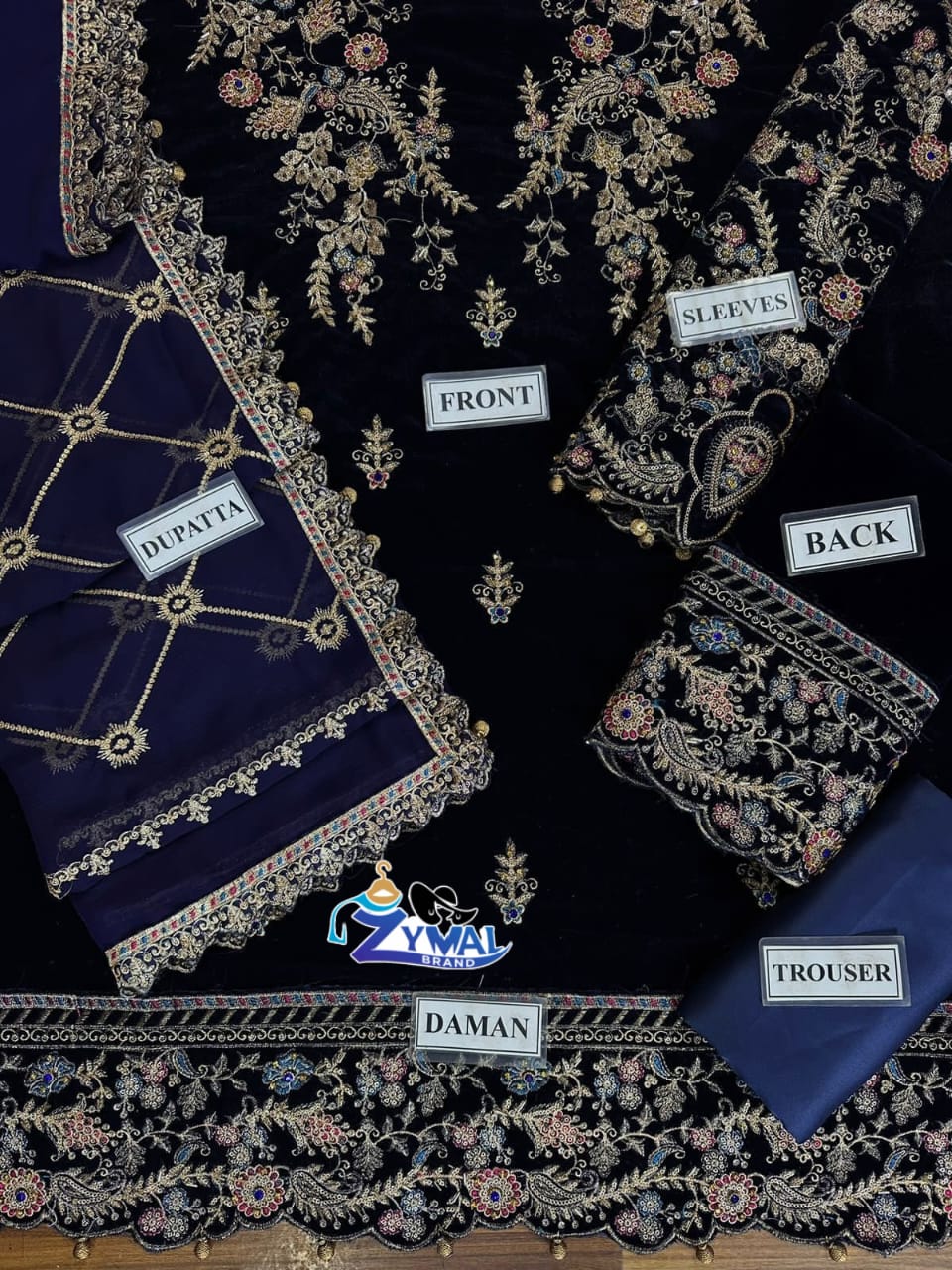 Zymal E Adeel Unstitched Velvet Suit – Heavy Embroidered 3 Piece Replica