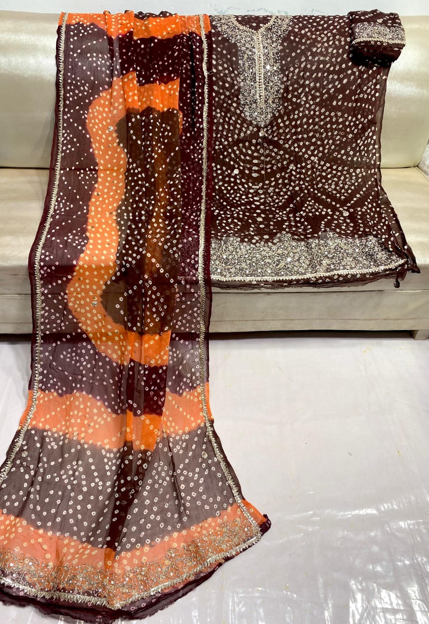 Zymal Brand SW.002 – Traditional Handmade Chunri Kundan Gota Work Suit | 2-Piece Krinkle Chiffon Dress Brown