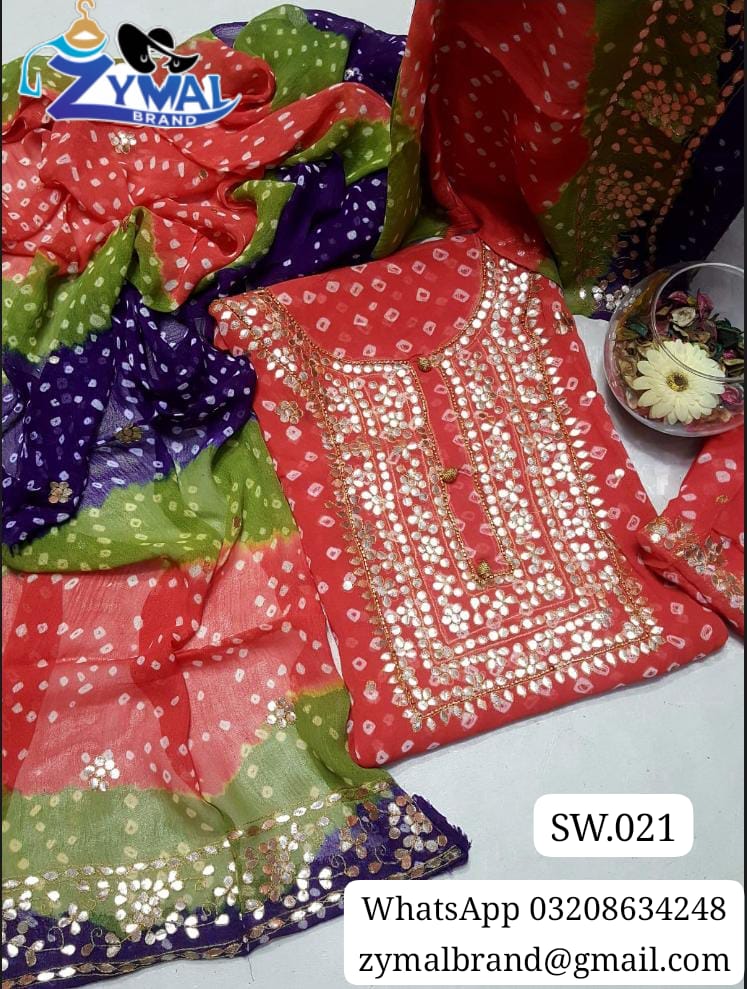 Zymal Brand SW021 – Handmade Traditional Rajasthani Chunri Suit | Krinkal Chiffon 2-Piece