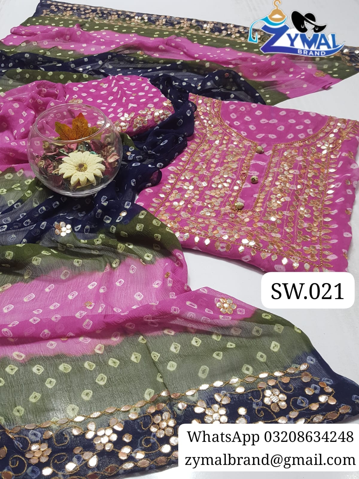 Zymal Brand SW021 – Handmade Traditional Rajasthani Chunri Suit | Krinkal Chiffon 2-Piece