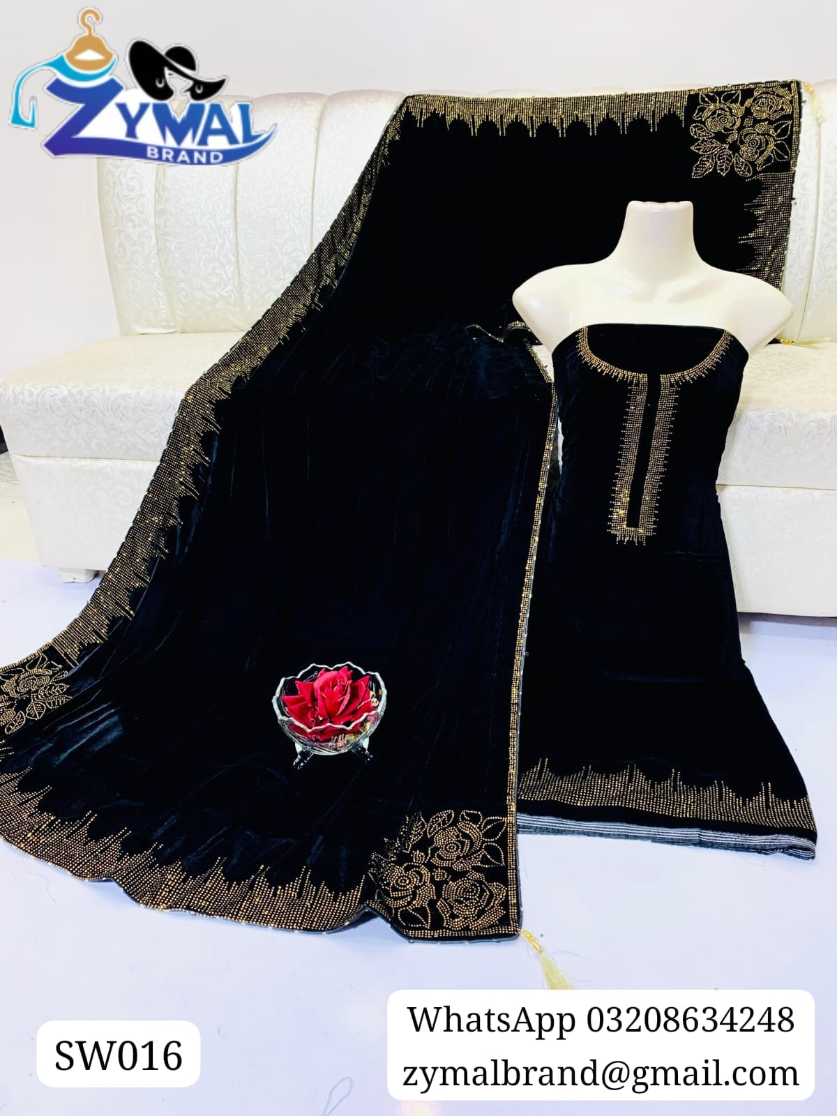 ZB SW016 – Luxury Velvet 2-Piece Suit with Stone Work & Embroidered Dupatta