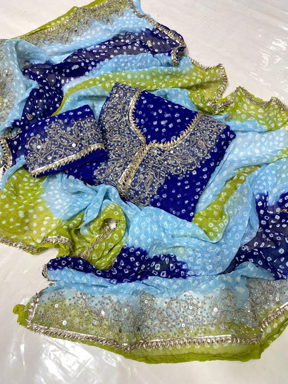 Zymal Brand SW.002 – Traditional Handmade Chunri Kundan Gota Work Suit | 2-Piece Krinkle Chiffon Dress Sky Blue