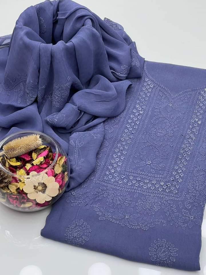 Zymal Brand – Handmade Shadow Shesha Embroidered Krinkle Chiffon Suit | New Arrival 2025