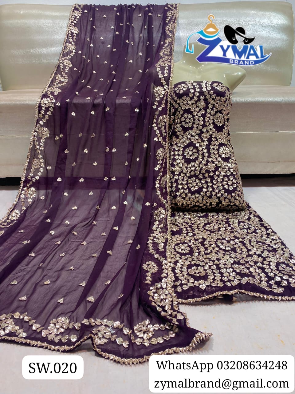 Zymal Brand SW020 – Handmade Traditional Gotta Work Bamber Chiffon Suit (2 Piece)