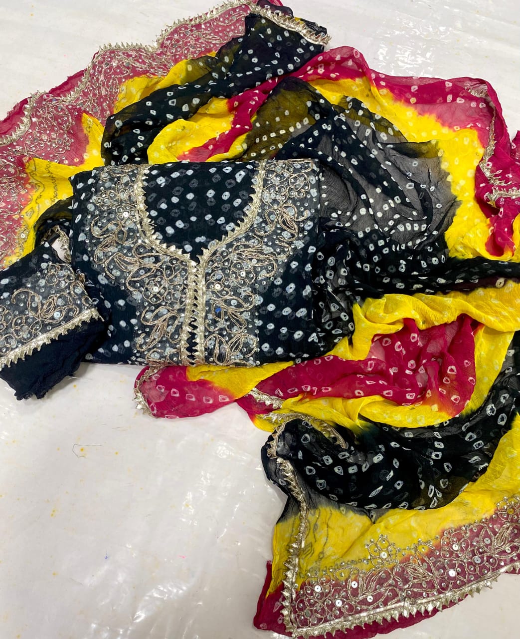 Zymal Brand SW.002 – Traditional Handmade Chunri Kundan Gota Work Suit | 2-Piece Krinkle Chiffon Dress Black & Yellow and Magenta