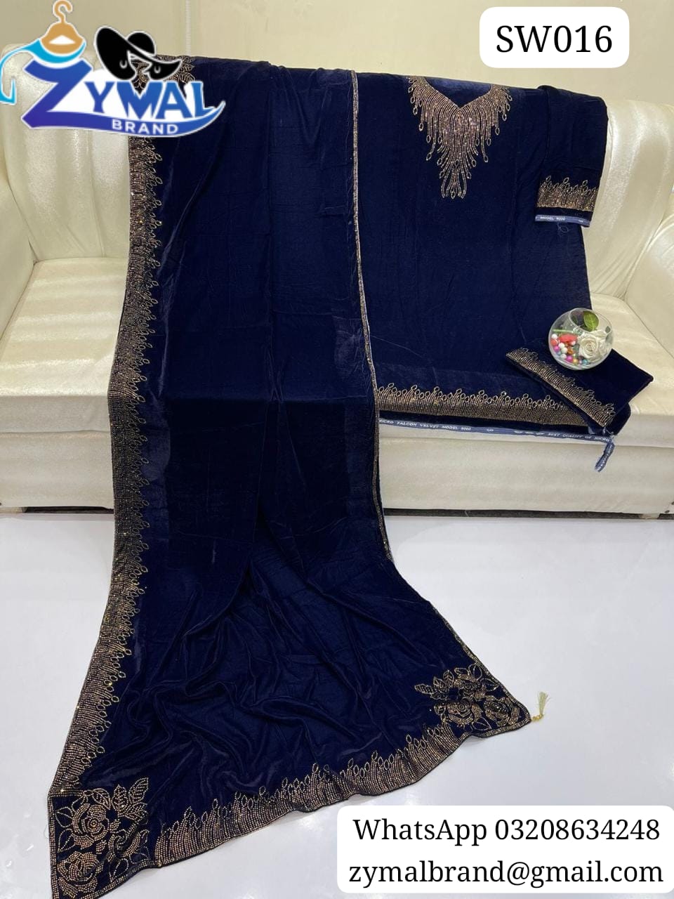 ZB SW016 – Luxury Velvet 2-Piece Suit with Stone Work & Embroidered Dupatta