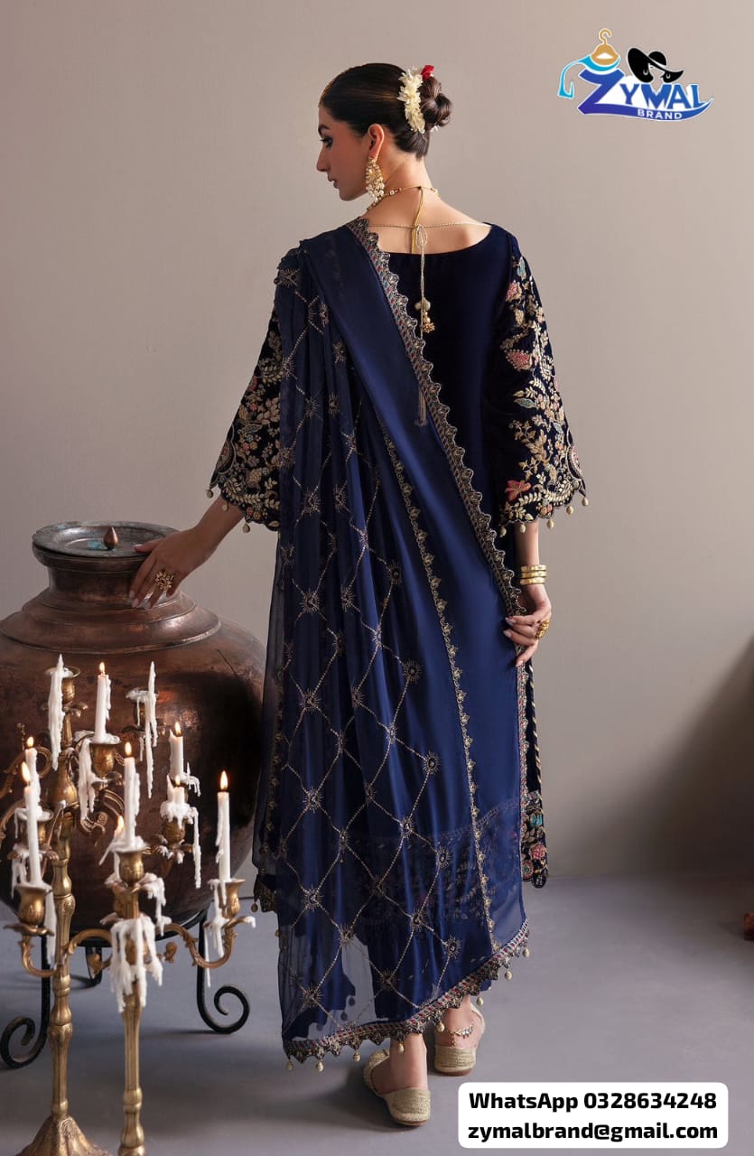 Zymal E Adeel Unstitched Velvet Suit – Heavy Embroidered 3 Piece Replica