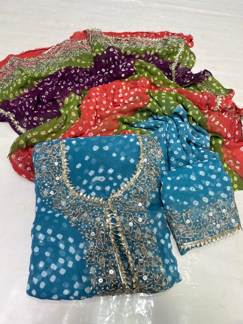 Zymal Brand SW.002 – Traditional Handmade Chunri Kundan Gota Work Suit | 2-Piece Krinkle Chiffon Dress Turquoise Blue & Red