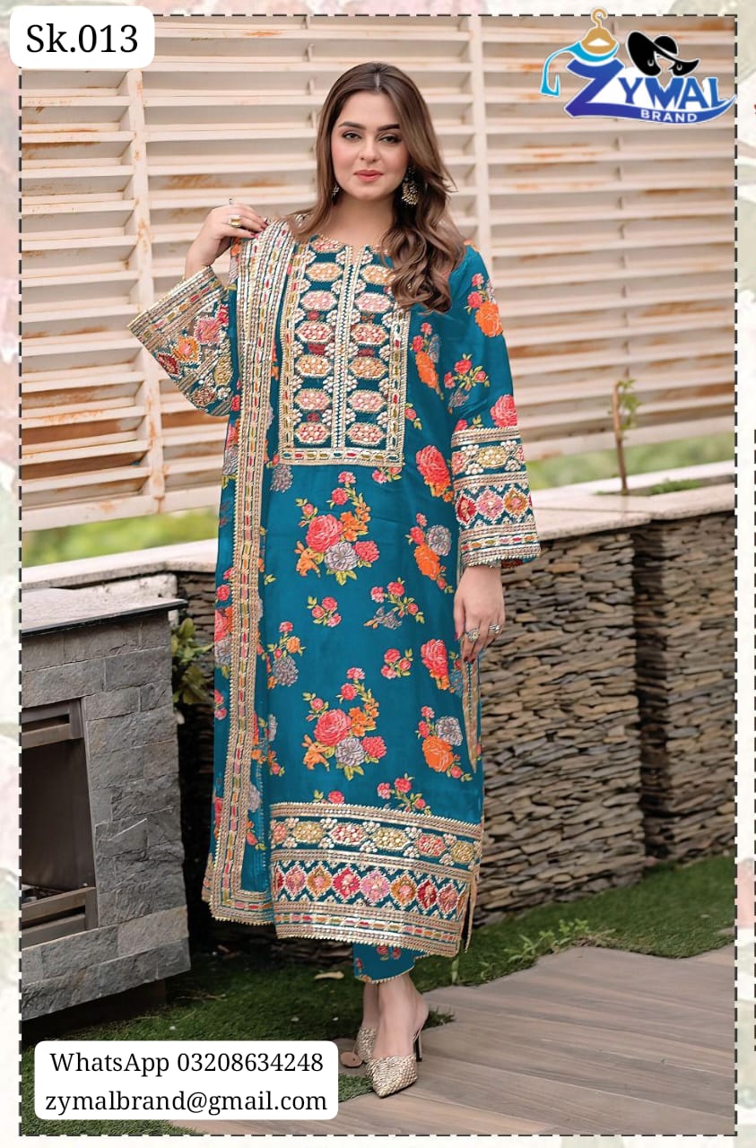 Zymal Winter Collection 2026 | Sk.013 Silk Shamooz 3PC Printed & Embroidered Suit
