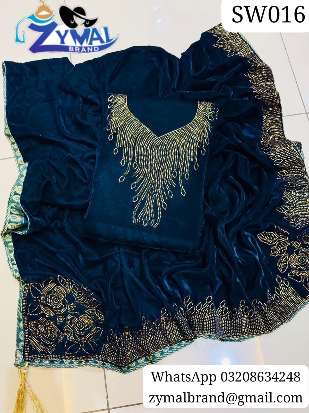 ZB SW016 – Luxury Velvet 2-Piece Suit with Stone Work & Embroidered Dupatta