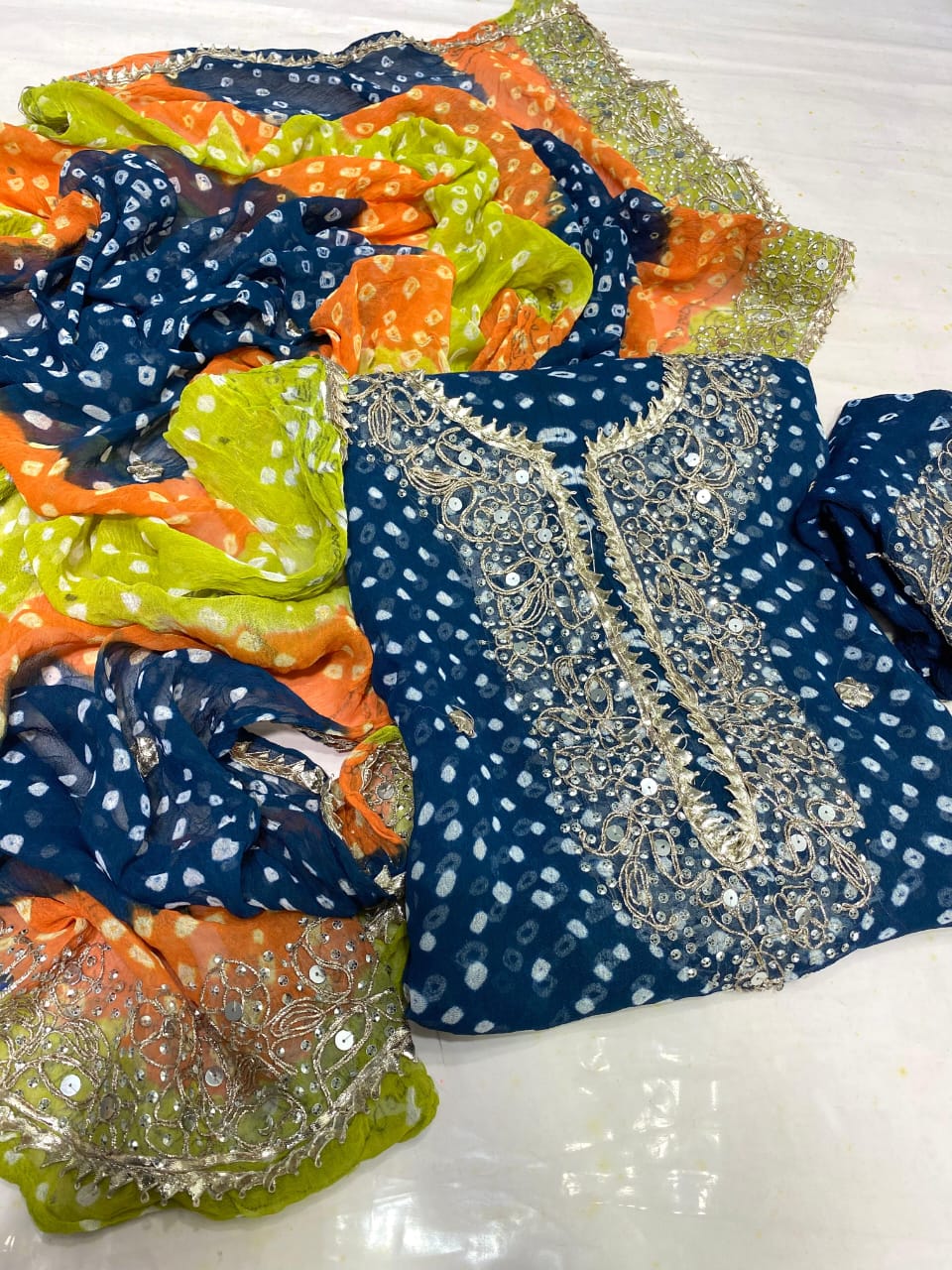 Zymal Brand SW.002 – Traditional Handmade Chunri Kundan Gota Work Suit | 2-Piece Krinkle Chiffon Dress Navy Blue