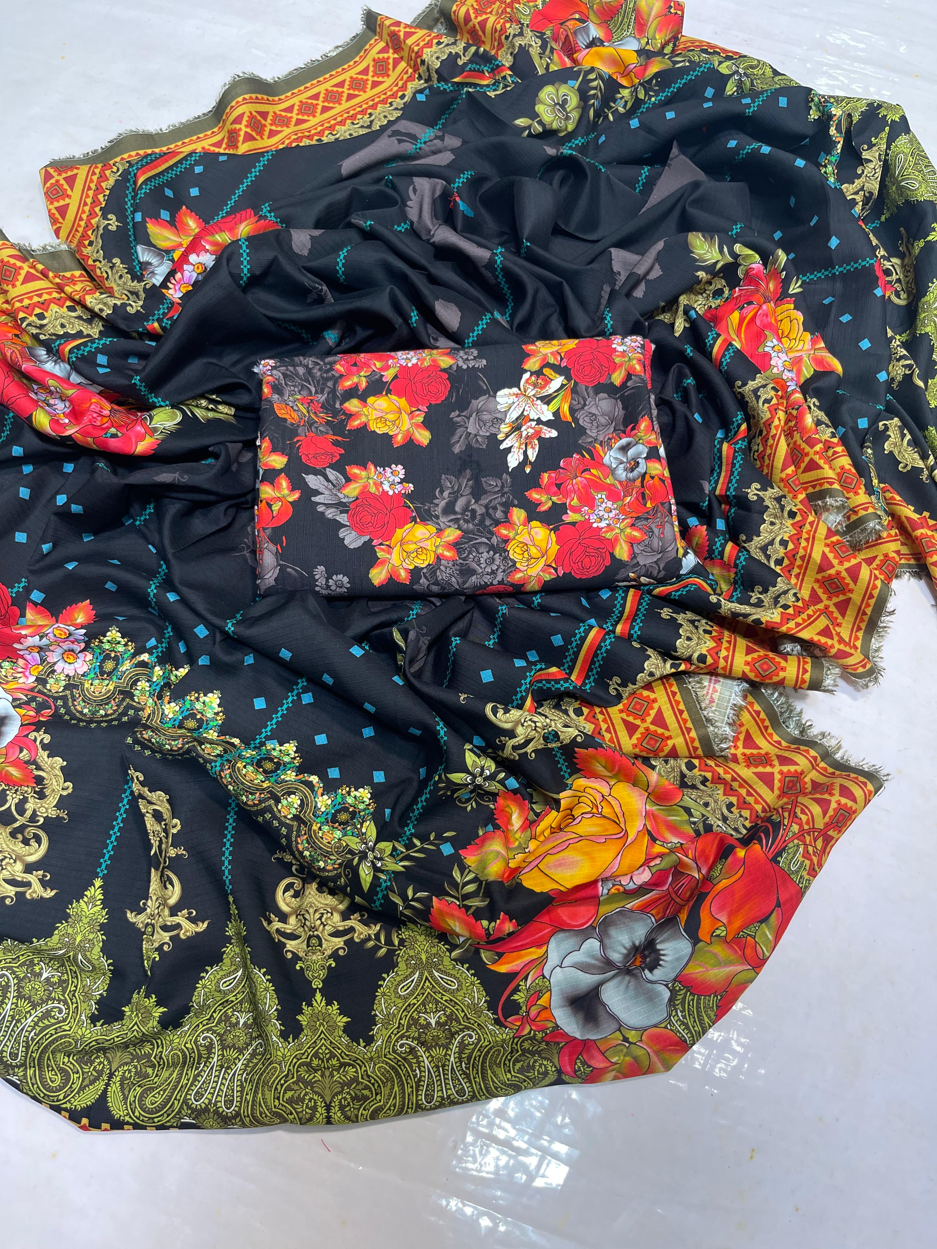 Zymal Brand SW001 – Premium Doriya Lilan Printed 3-Piece Suit | Elegant Shirt, Dupatta & Trouser Set