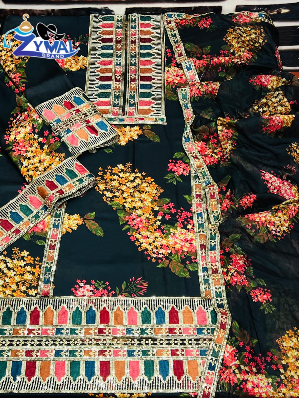 Zymal Winter Collection 2026 | Sk.014 Silk Shamooz 3PC Printed & Embroidered Suit