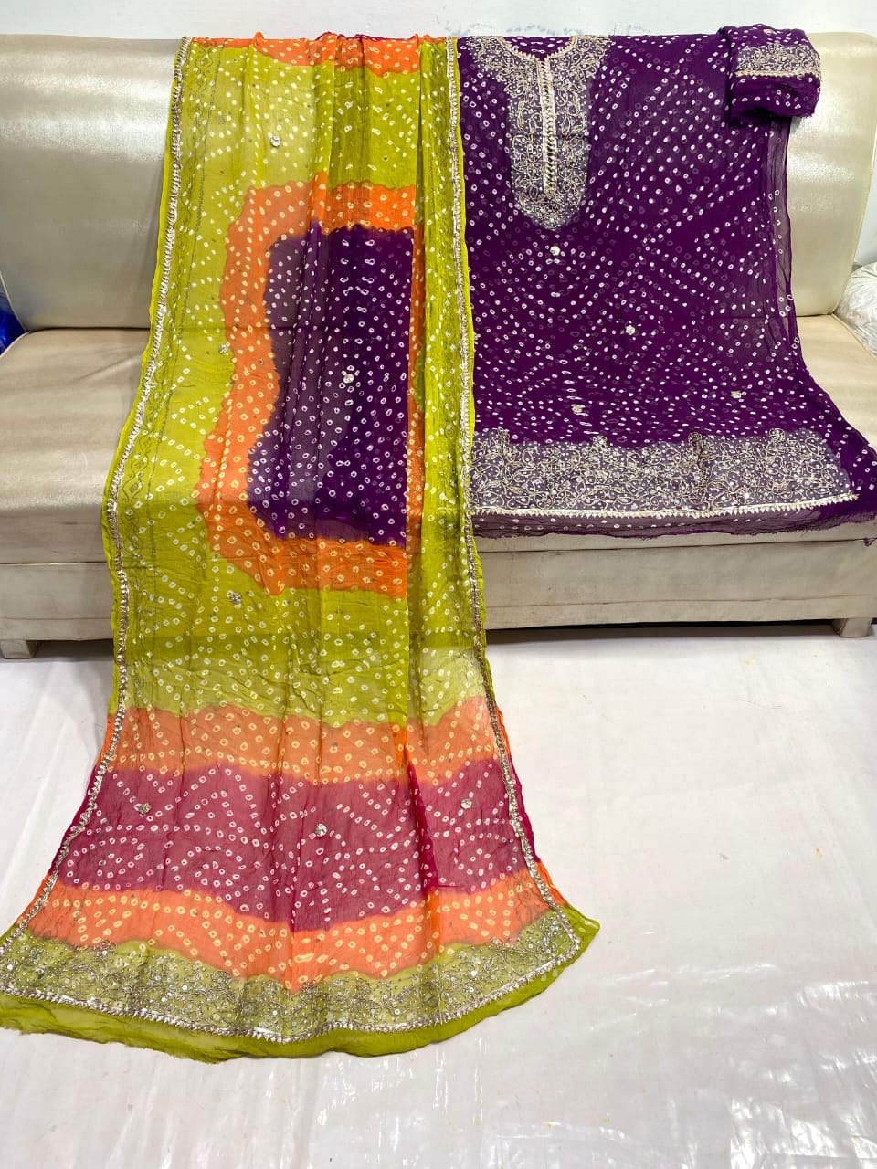 Zymal Brand SW.002 – Traditional Handmade Chunri Kundan Gota Work Suit | 2-Piece Krinkle Chiffon Dress Dark Purple (Plum) Golden Embroidery