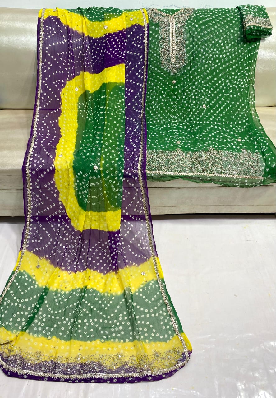 Zymal Brand SW.002 – Traditional Handmade Chunri Kundan Gota Work Suit | 2-Piece Krinkle Chiffon Dress (Multicolor Bandhani Pattern)