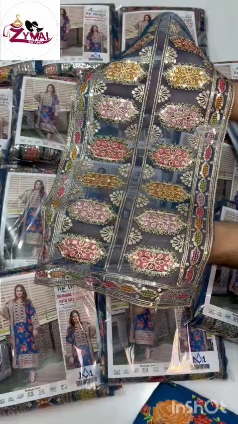 Zymal Winter Collection 2026 | Sk.013 Silk Shamooz 3PC Printed & Embroidered Suit